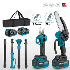 YOFIDRA power tool set with electric scissors, electric saw, and accessories on a white background.