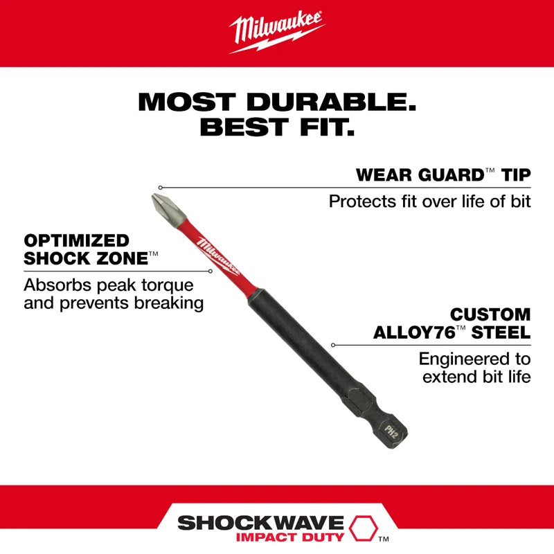 Milwaukee SHOCKWAVE™ PH2 Cross Impact Bit (90mm) – Wear Guard Technology