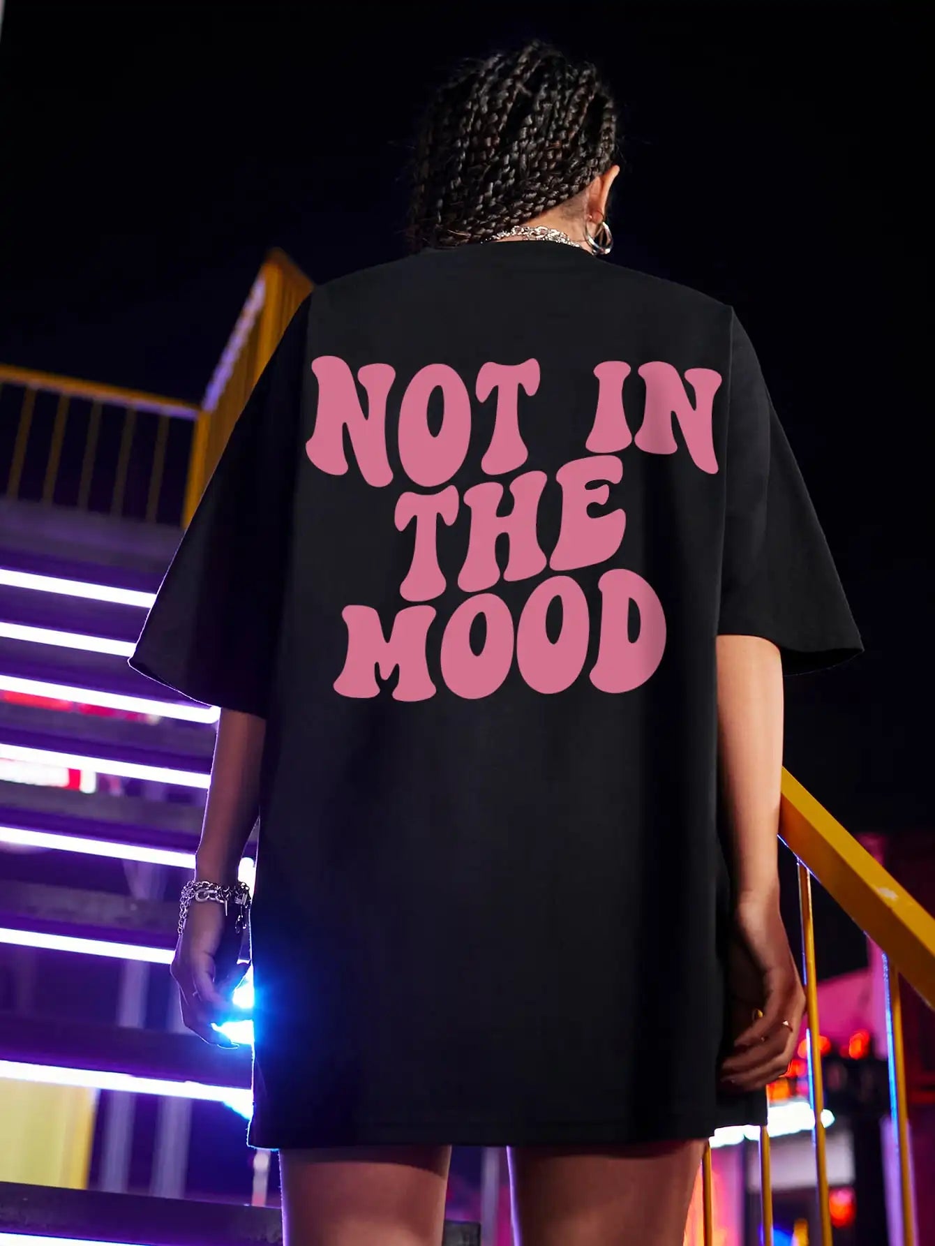 Women's "Not In The Mood" Pink Letter Print T-Shirt | Cotton Oversized O-Neck Breathable Summer Casual