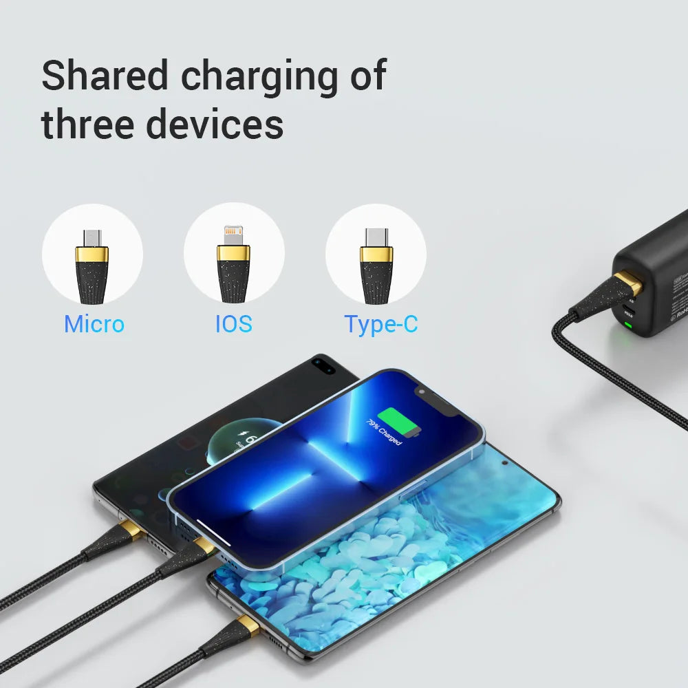 3-in-1 USB Charging Cable 100W 6A | USB-C Lightning Micro-USB Fast Charging for iPhone 14 Samsung Xiaomi