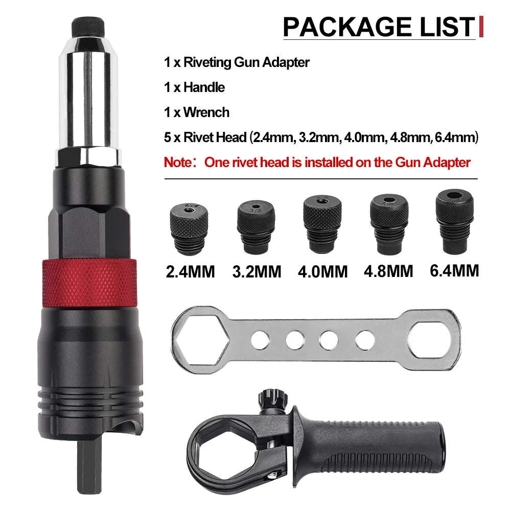 Electric Rivet Nut Tool Adapter – 2.4–6.4mm Thread Heads with Handle & Wrench - 2.4-6.4mm Gun