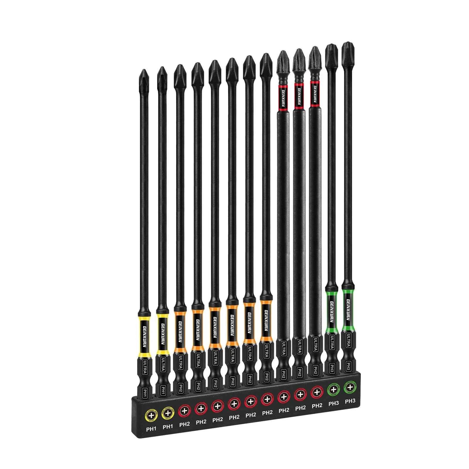 13 Pcs Professional Impact Phillips Screwdriver Bit Set | 6 Inch Extra Long S2 Steel Bits with Color Coded Organizer