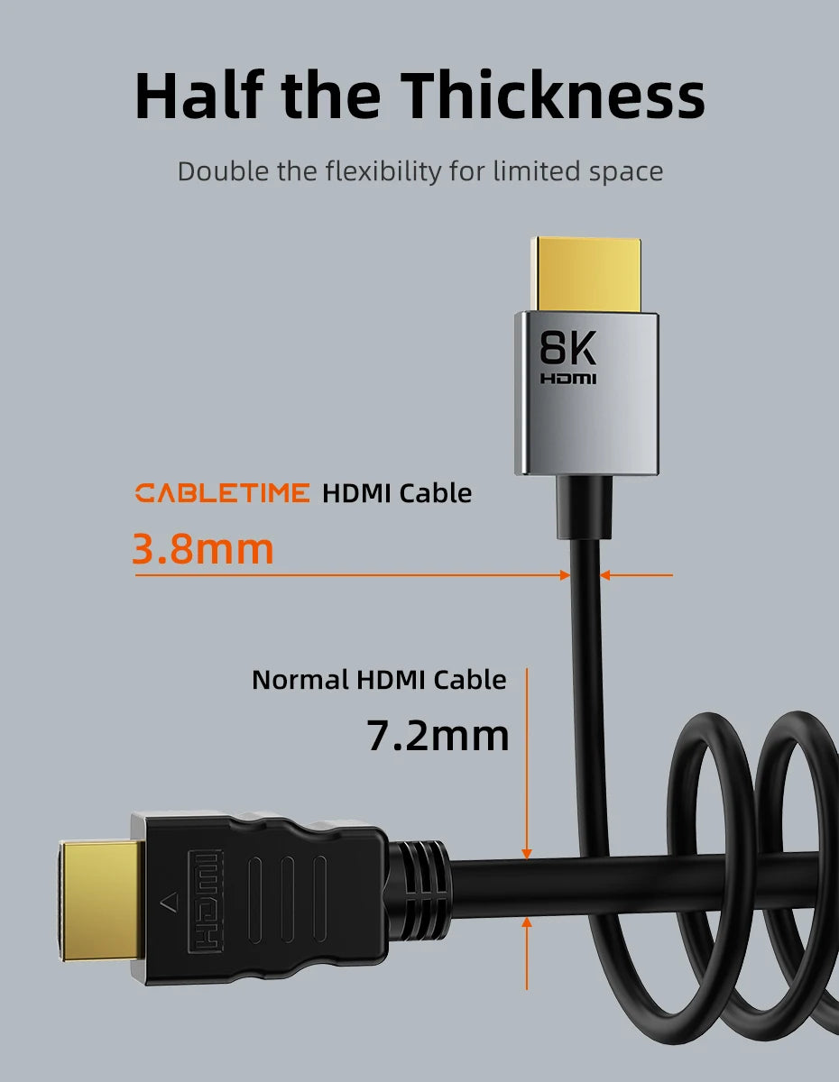 Ultra Slim HDMI 2.1 Cable 8K@60Hz / 4K@120Hz – 48Gbps, 3.8mm Flat for PS5, Xbox Series X & Blu-ray