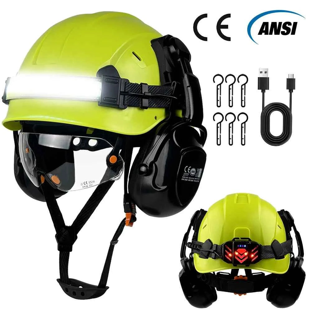 Construction safety helmet with LED light strip, goggles and earmuffs – image 1