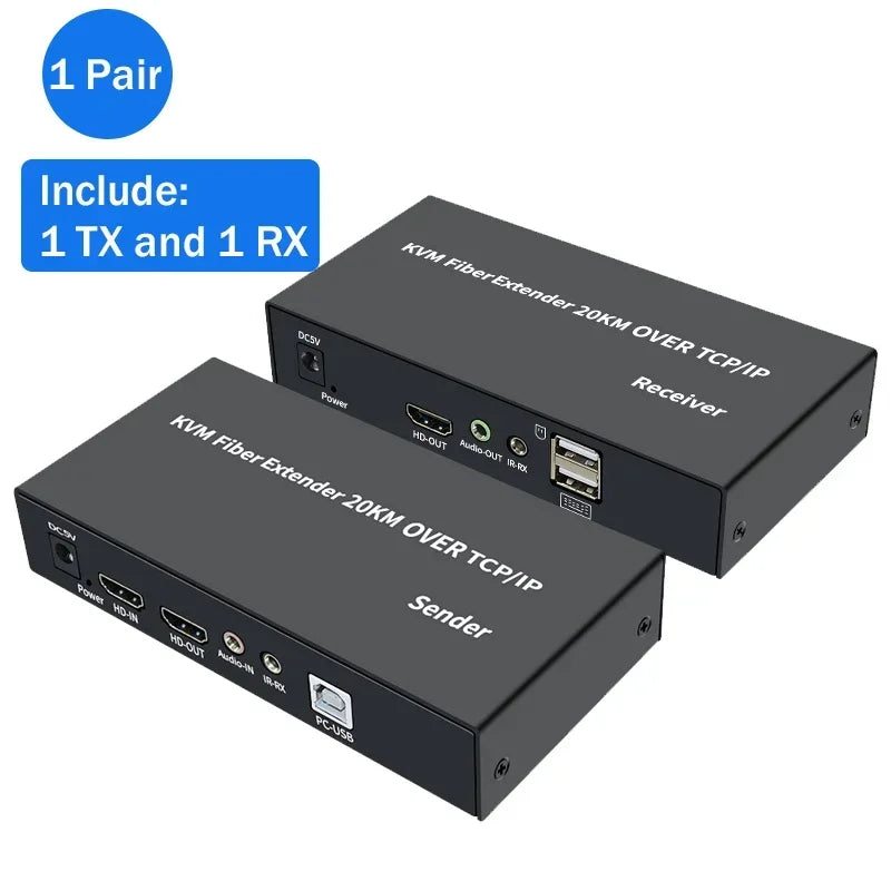 1080P HDMI Fiber KVM Extender 20KM – SC Fiber Cable USB KVM Optical Transceiver with Keyboard & Mouse Support