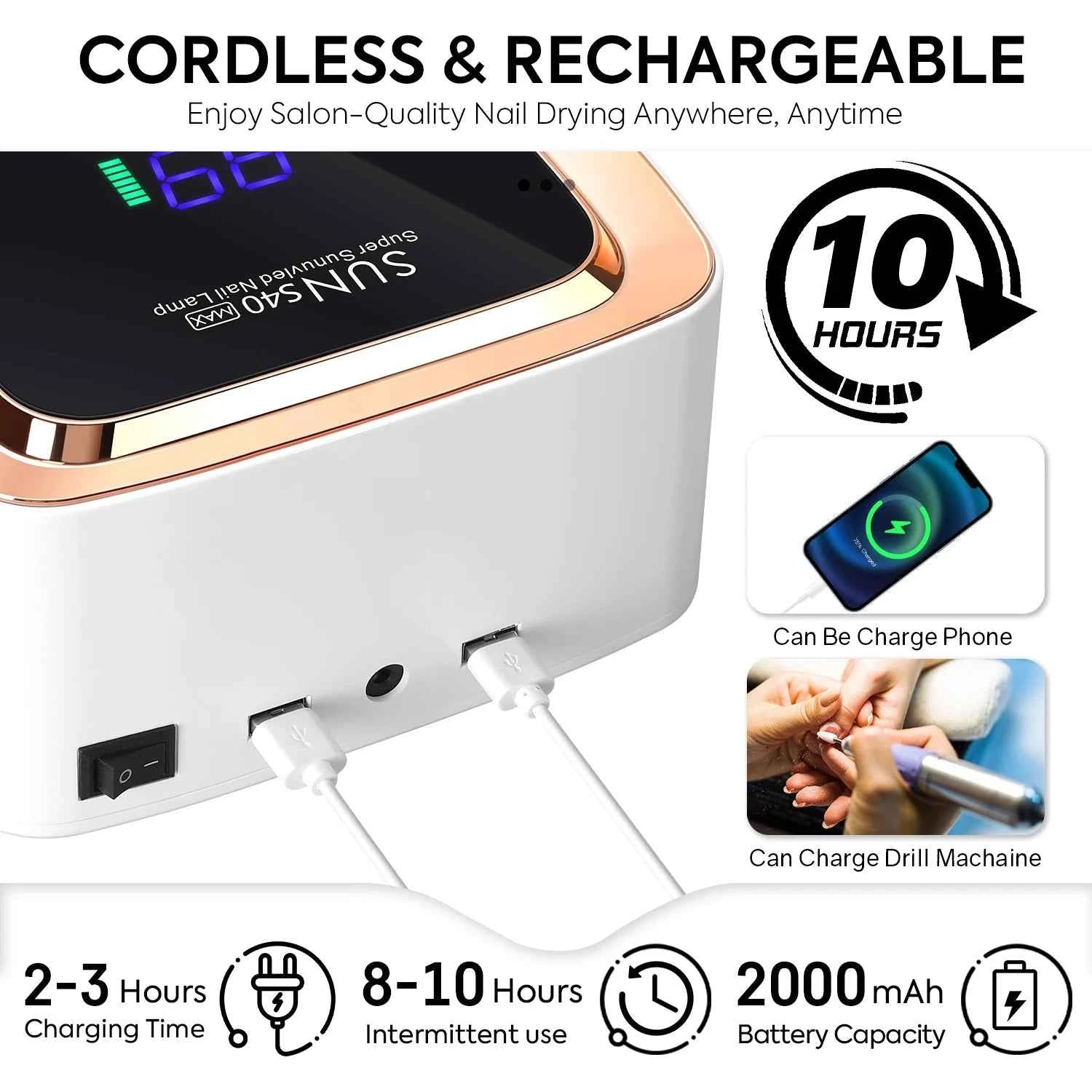 180W High Power Cordless UV/LED Nail Station – 57-LED Wireless Professional Drying Lamp
