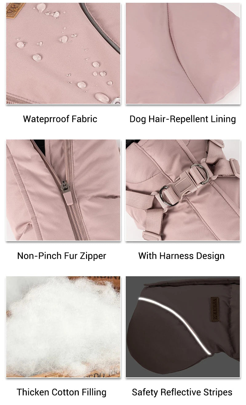 Dog Puffer Jacket with Built-In Harness – Waterproof Winter Snow Coat for Small Dogs
