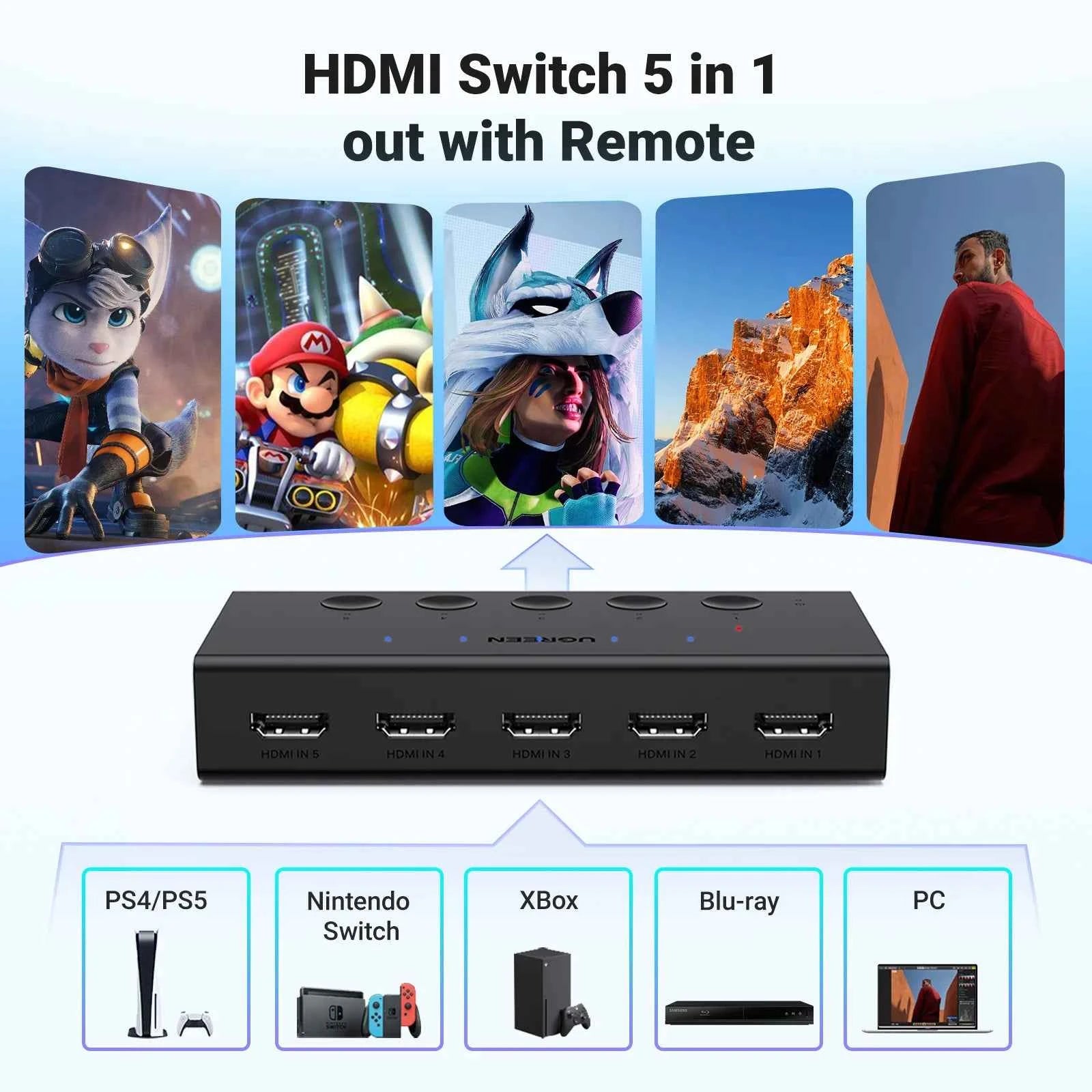 HDMI Switch 5-in-1-out 4K@60Hz – 5 Port Switcher with Remote, 3D, CEC, HDR & HDCP 2.2 for PS5/PS4