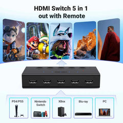HDMI Switch 5-in-1-out 4K@60Hz – 5 Port Switcher with Remote, 3D, CEC, HDR & HDCP 2.2 for PS5/PS4