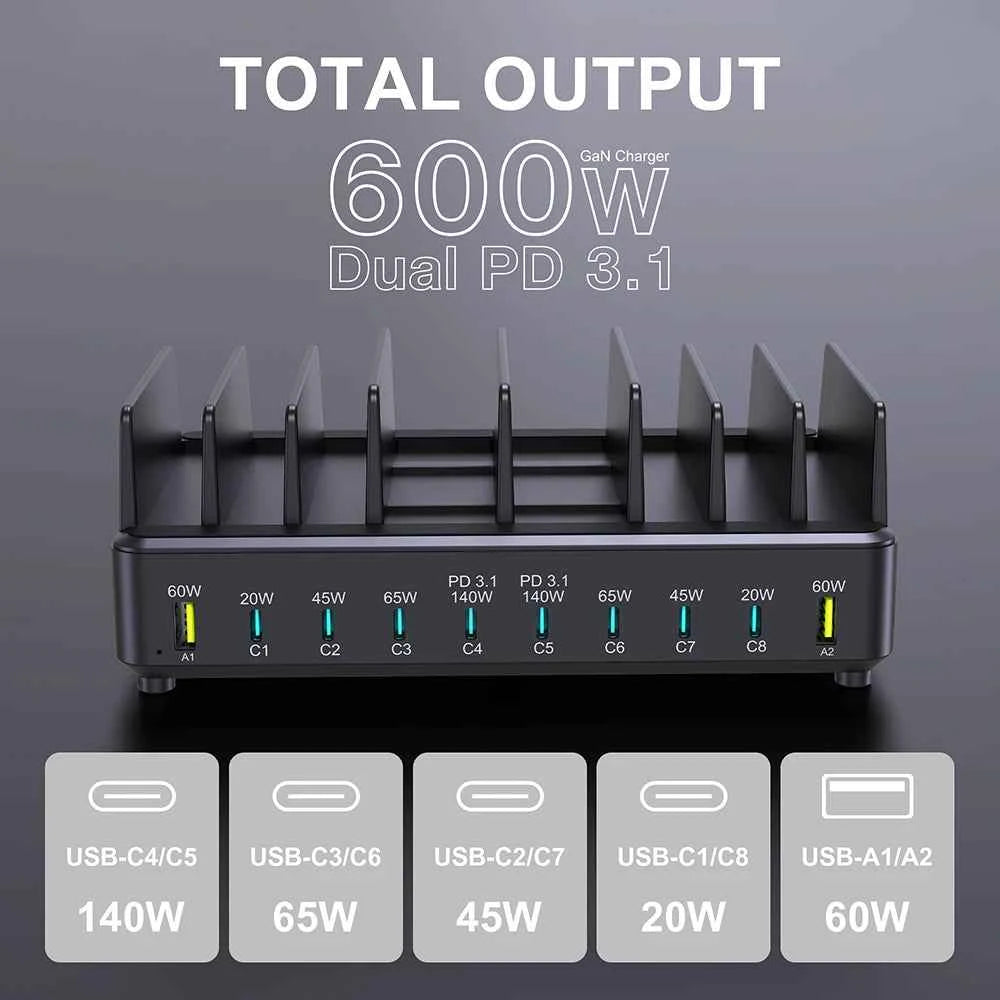 600W GaN 10-Port PD3.1 Charging Station Stand | Multi USB Fast Charger MacBook iPhone iPad Samsung Laptop