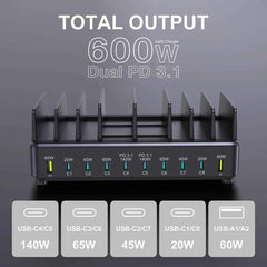 600W GaN 10-Port PD3.1 Charging Station Stand | Multi USB Fast Charger MacBook iPhone iPad Samsung Laptop