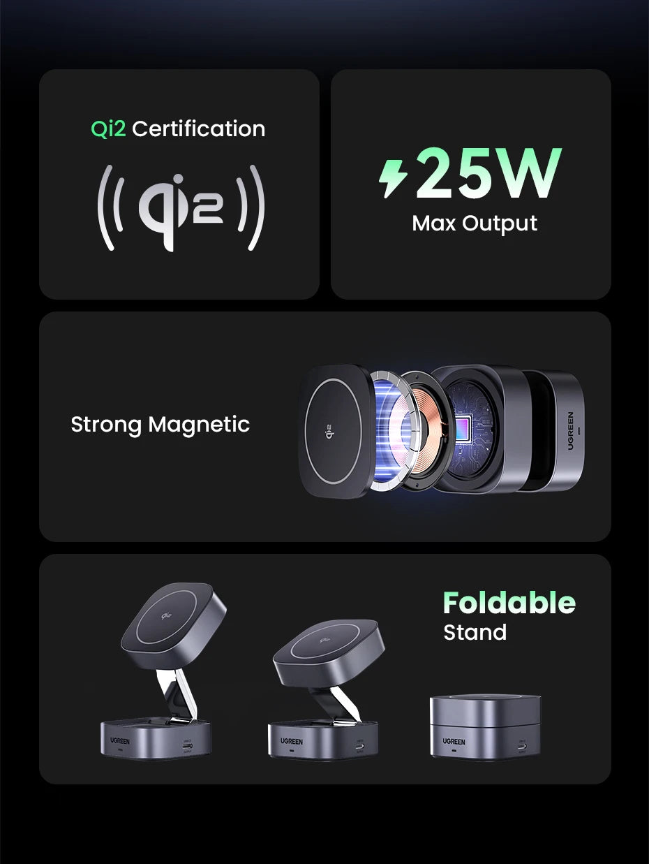 Qi2 15W 2-in-1 Magnetic Wireless Charging Stand | MagSafe Fast Charger for iPhone 16 17 AirPods