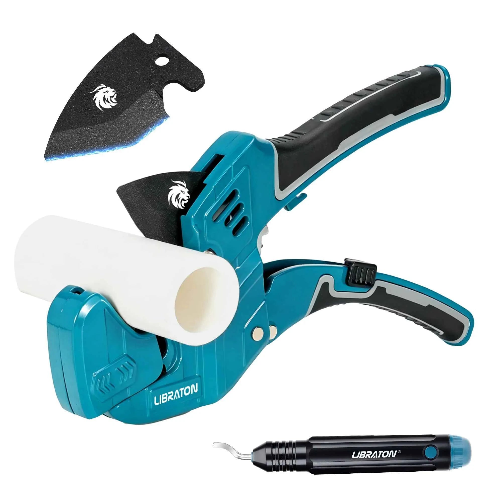 One-handed ratchet PVC pipe cutter with deburring tool – image 1