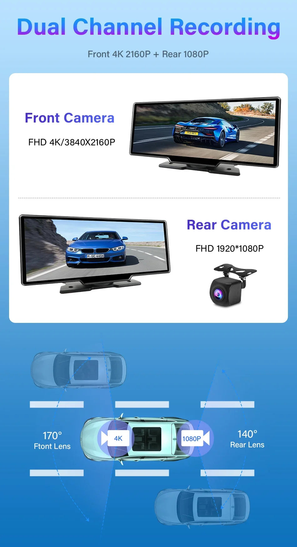 10.26" 4K Dash Cam And Rearview Mirror Car Video Player with Wireless CarPlay by Snagg A Car DVR