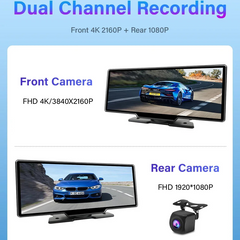 10.26" 4K Dash Cam And Rearview Mirror Car Video Player with Wireless CarPlay