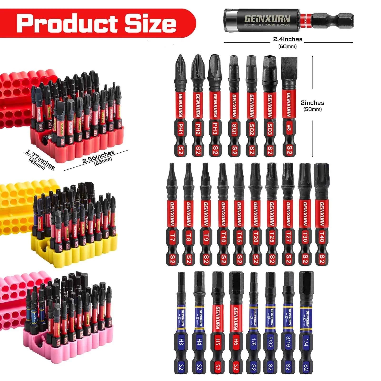 33PCS Impact Screwdriver Bits Set, 2” Magnetic （PH/SQ/Torx/Hex/Slotted) S2 Steel Bits with Bit Holder & Soft Base