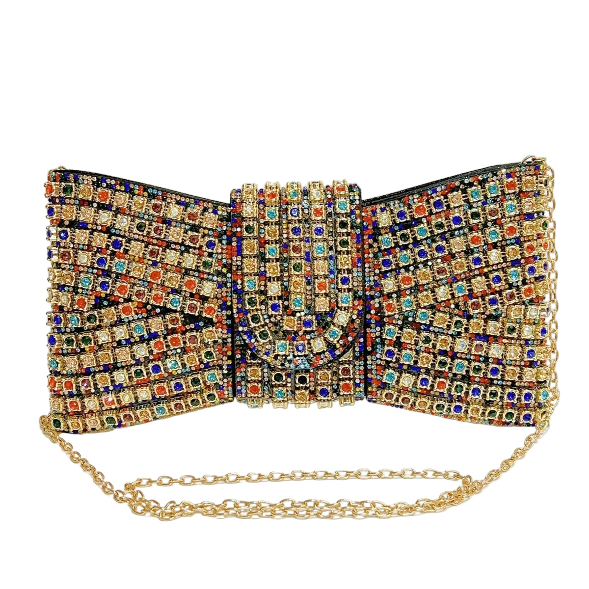 Multicolored beaded clutch bag with a gold chain on a white surface