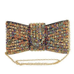 Multicolored beaded clutch bag with a gold chain on a white surface