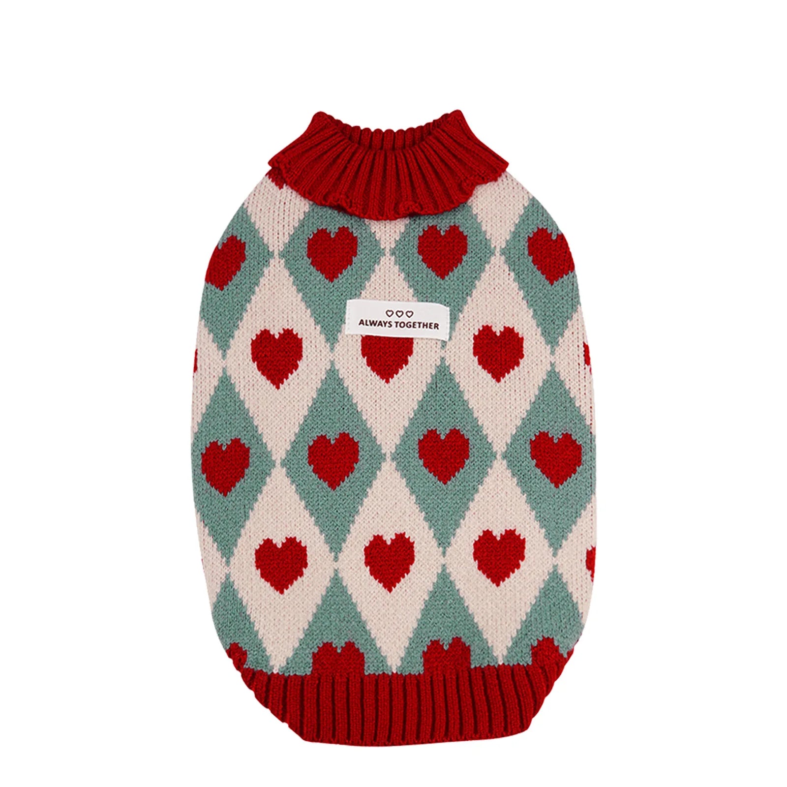 Knitted Turtleneck Dog Sweater – Diamond Heart Pattern Winter Jumper for Small Dogs & Puppies