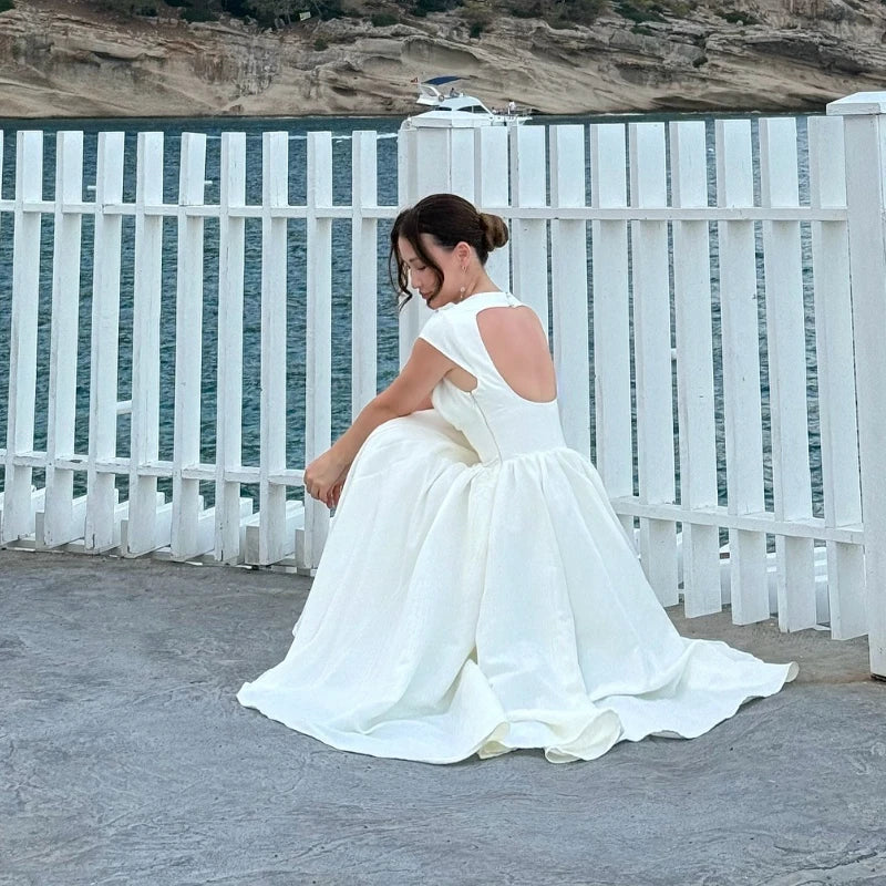 Circle Cut-Out Back Midi Dress – Women's Wide Shoulder Fitted Waist Fluffy Hem Prom & Wedding Dress
