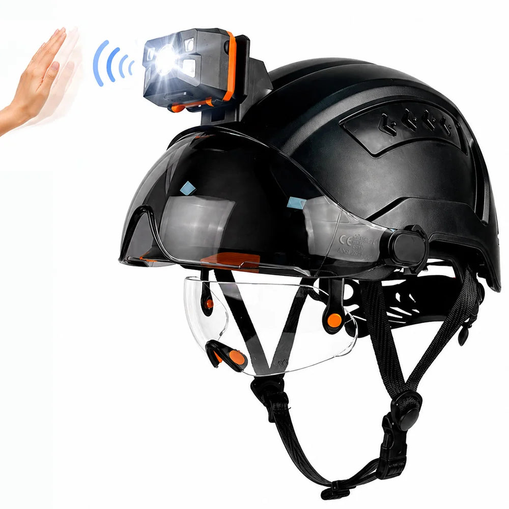 Construction safety helmet with LED headlamp and double visors – image 7