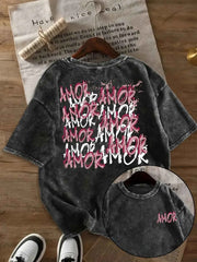 Women's "AMOR AMOR" Letter Print Washed T-Shirt | Cotton Unisex Casual Loose Fit Round Neck Summer Tee
