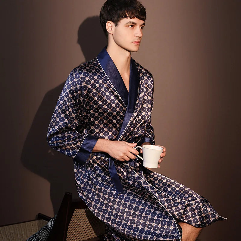 Men's Ice Silk Printed Bathrobe | Thin Summer Nightrobe Large Size Loungewear
