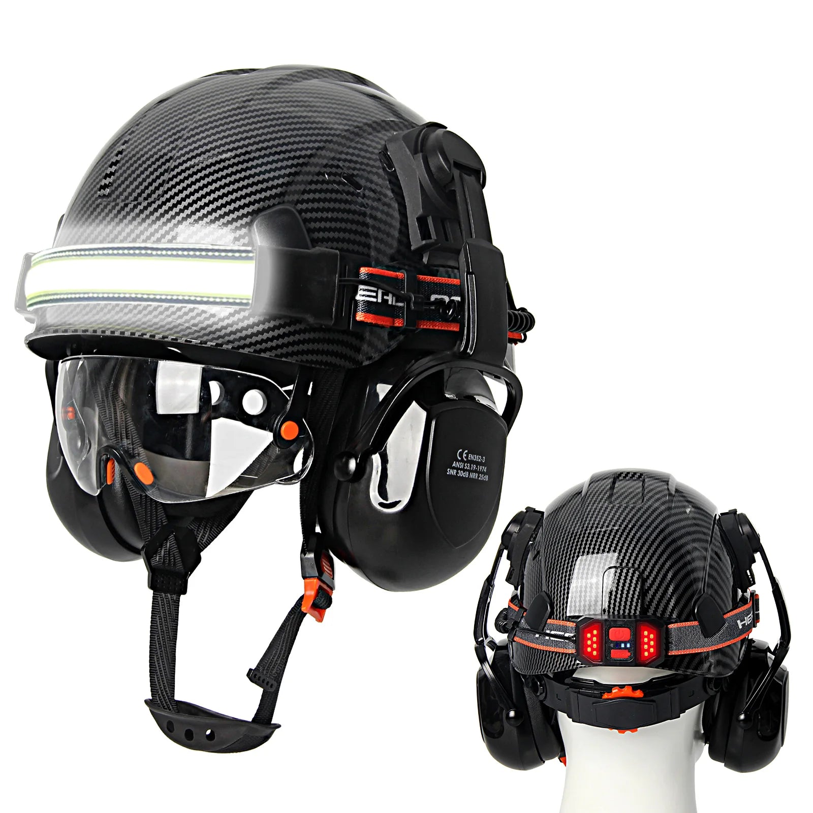 Construction safety helmet with built-in goggles, LED headlamp and earmuffs – image 11