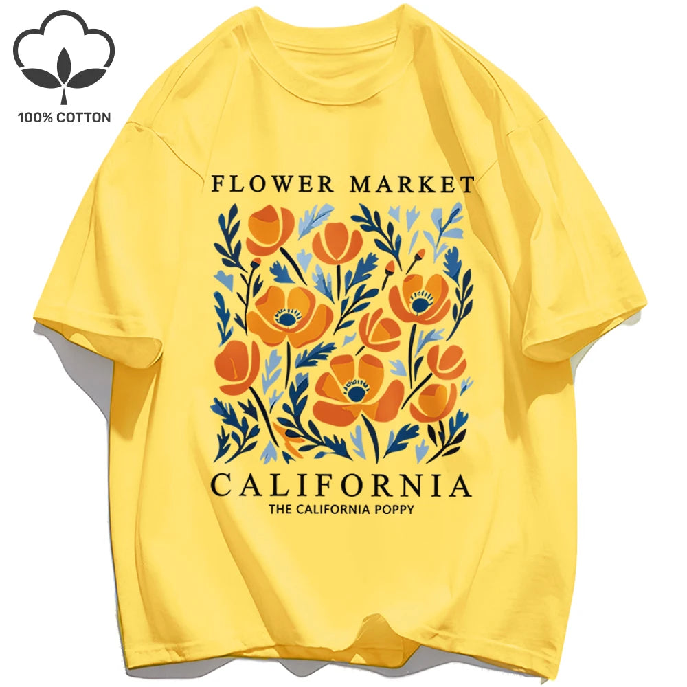 Women's California Yellow Flowers Market Print T-Shirt | Soft Cotton O-Neck Casual Crewneck Short Sleeve