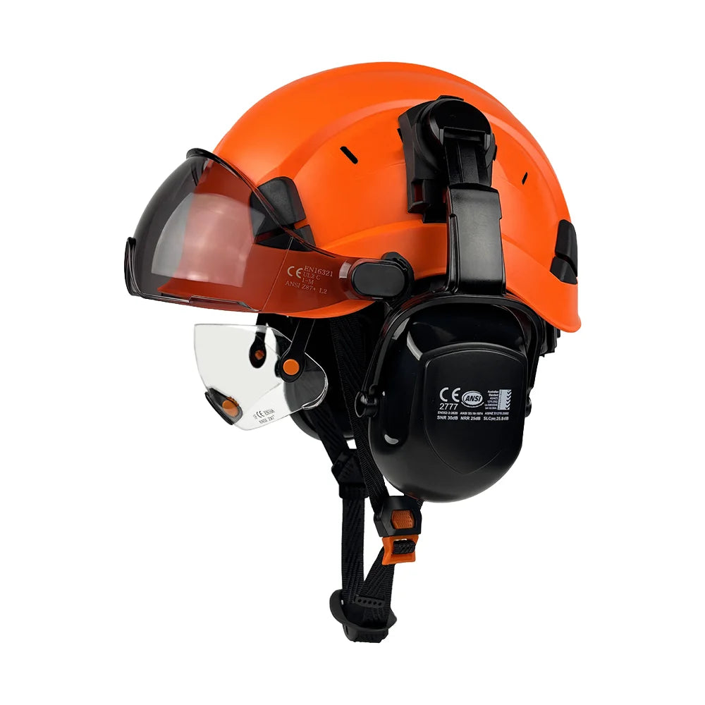 Construction safety helmet with twin visors and earmuffs – image 14