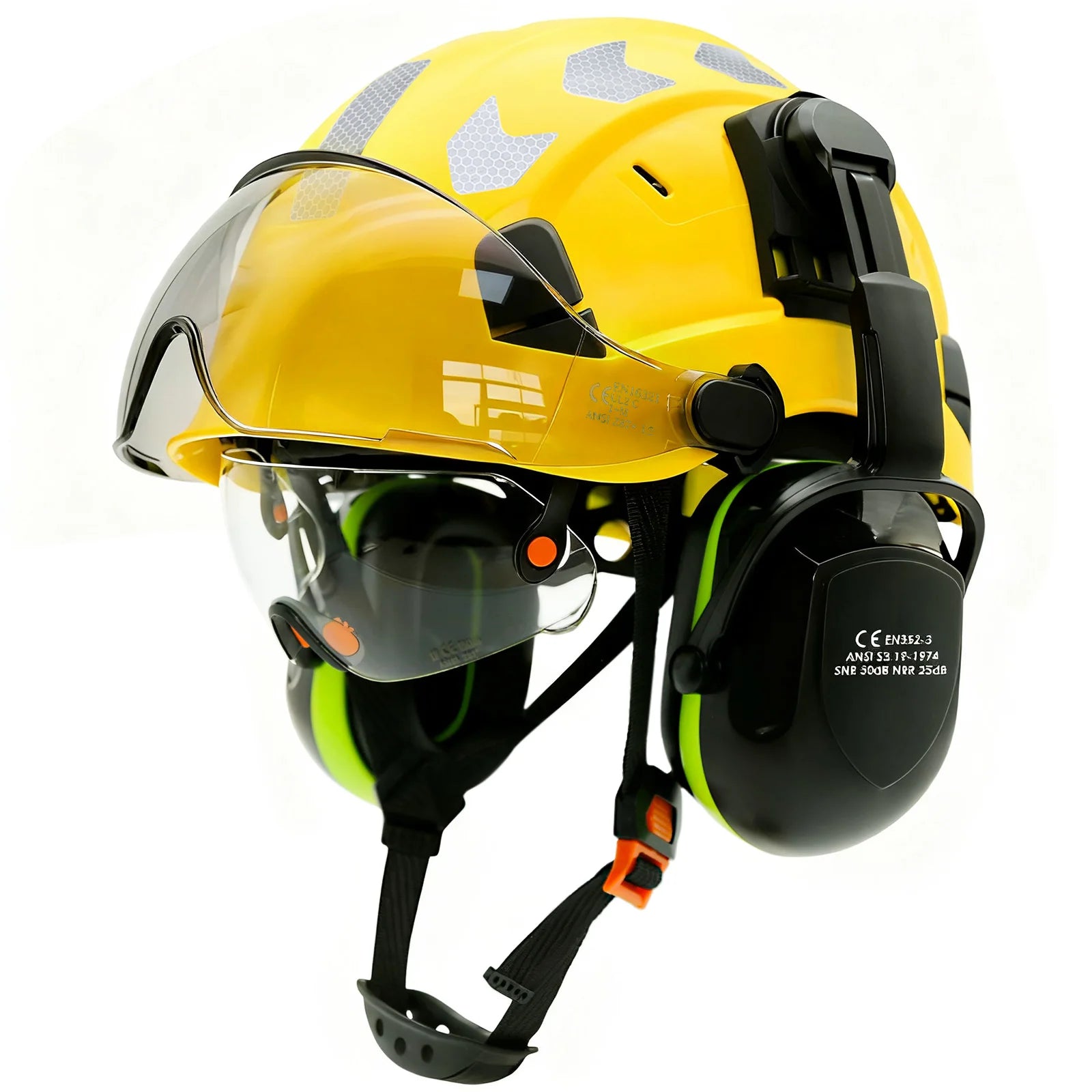 Vented construction safety helmet with double visors and earmuffs – image 12