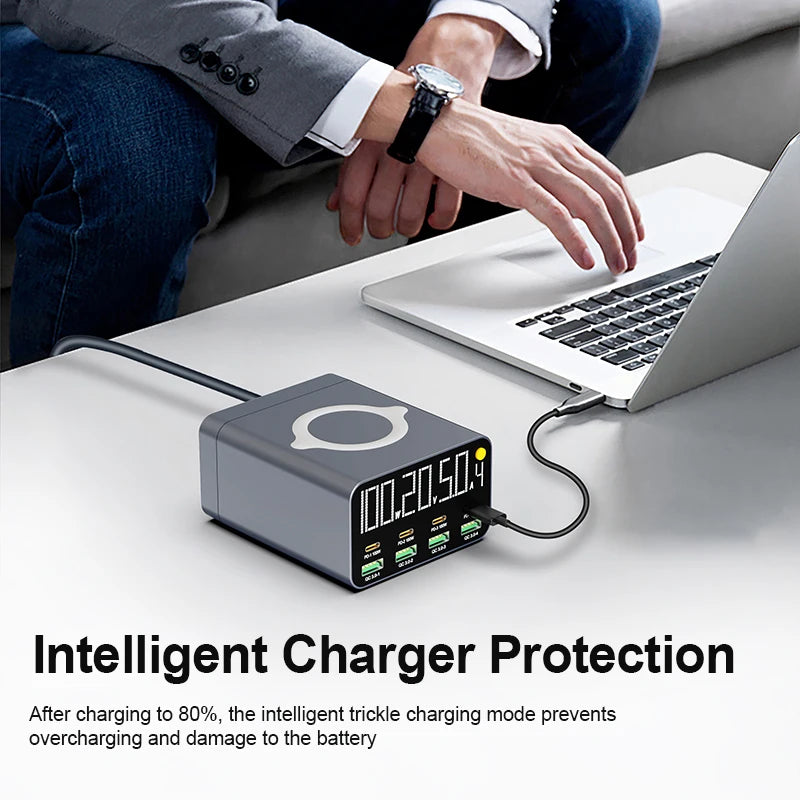 80W/120W 8-Port Charging Station | Digital Display USB-C Wireless Charger PD QC3.0 for Laptop Tablet Phone