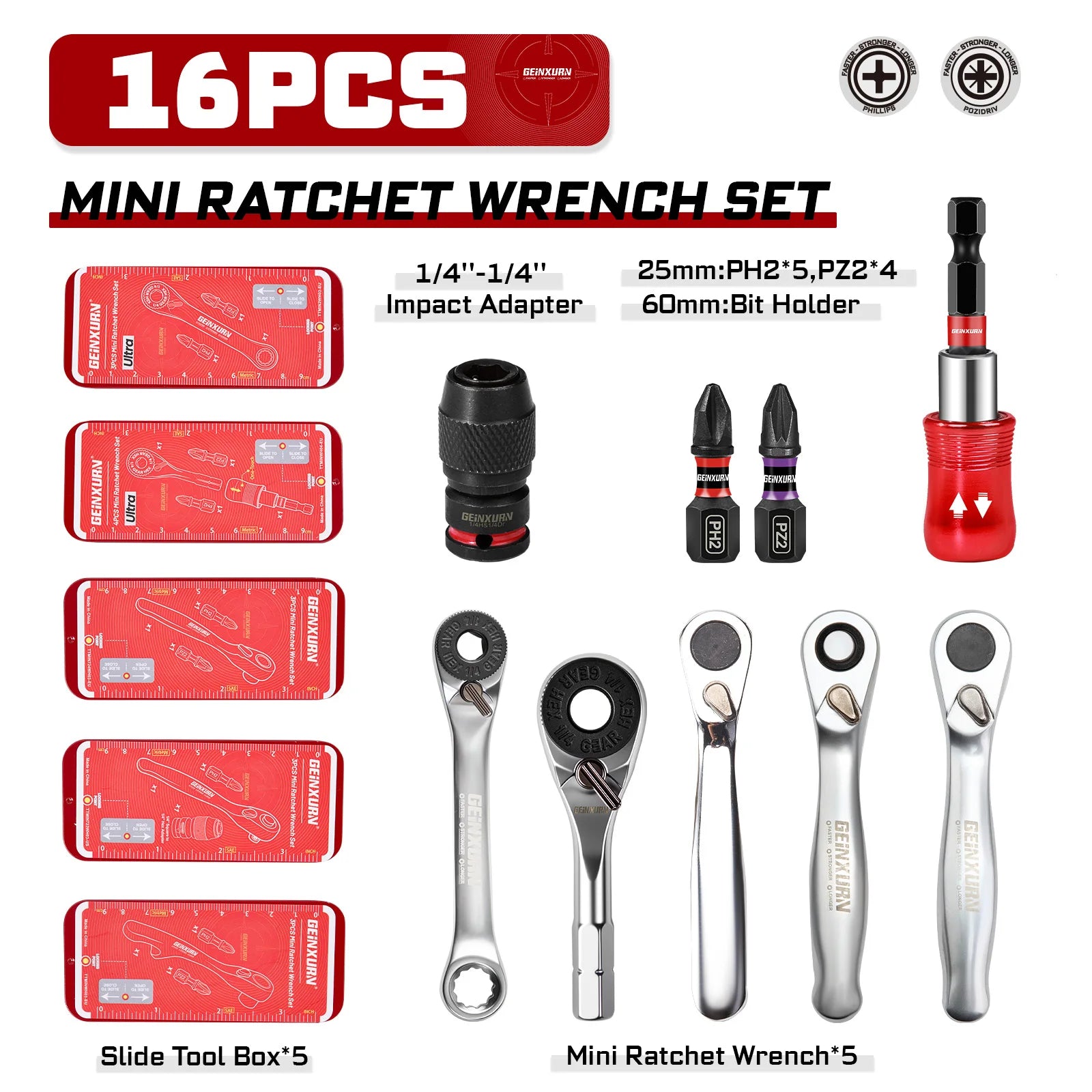 Mini Ratchet Screwdriver Set 16pcs | S2 Alloy Impact Magnetic Bit Holder 1/4" Wrench Push-Pull Case