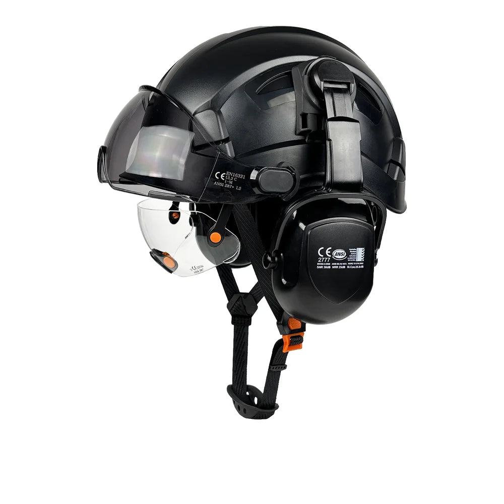 Construction safety helmet with twin visors and earmuffs – image 16