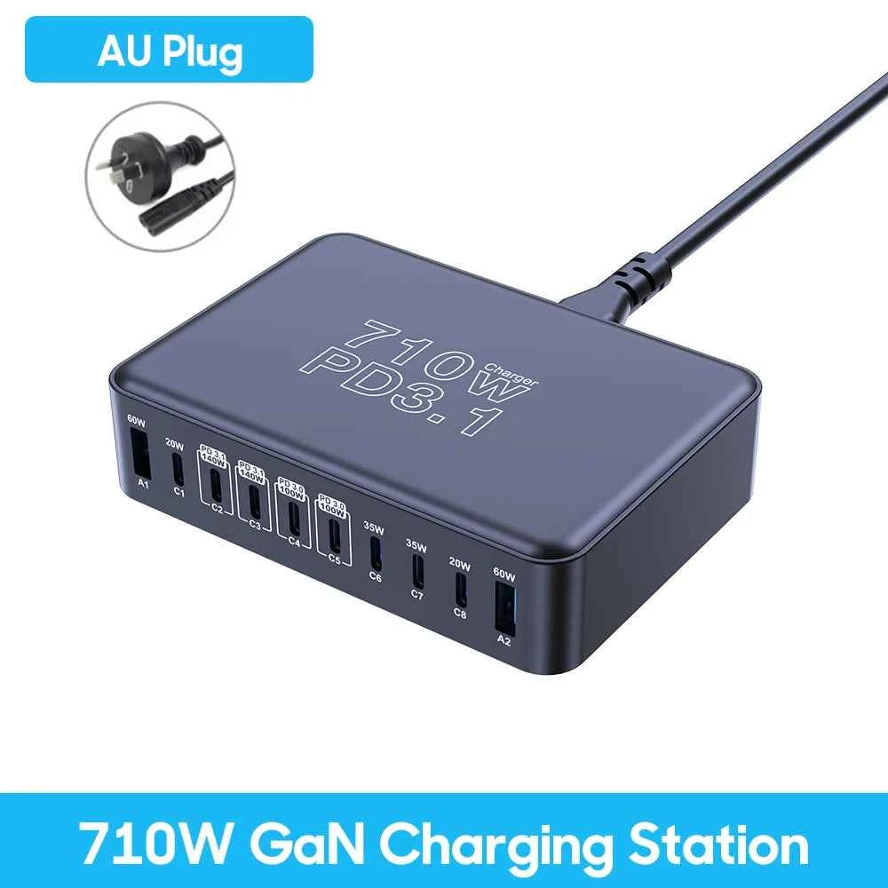 710W GaN 10-Port USB-C Charging Station | PD3.1 140W Fast Charger for MacBook iPhone Samsung