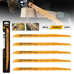 5PCS Wood Pruning Reciprocating Saw Blades – 6/9/12 inch, CR-V, 5/6TPI, Wood & PVC Cutting