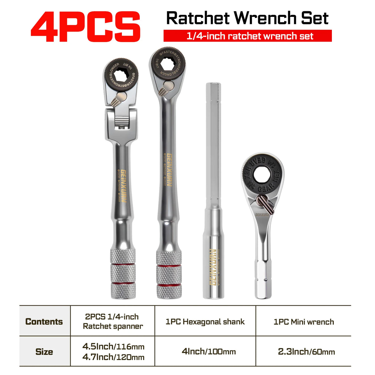 1/4" Ratchet Wrench Set 4pcs | Multi-Angle Portable Hand Repair Tool Kit for Confined Spaces