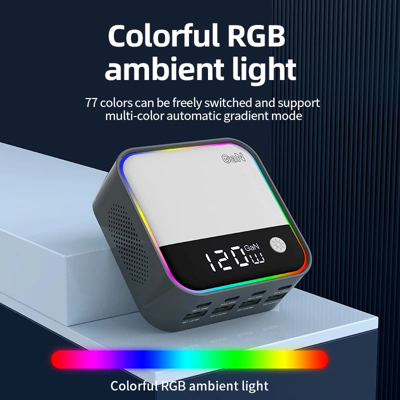 GaN USB-C 8-Port Desktop Charger | Ambient LED Lighting 100W PD PPS Fast Charger Laptop iPhone Samsung