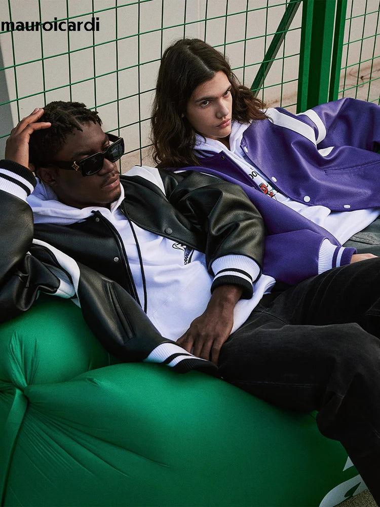 Purple & White Patchwork PU Bomber Jacket by Snagg A Jacket