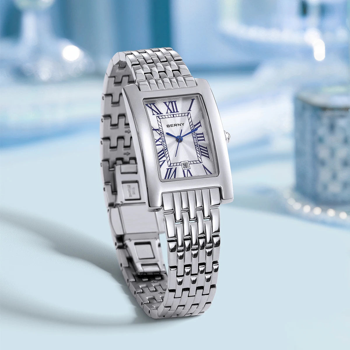 BERNY Square Quartz Watch for Women – Roman Numerals & Date Display