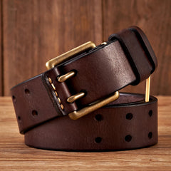 Men’s Vintage Cowhide Leather Belt - 3.8cm Wide Strap with Double-Pin Copper Buckle