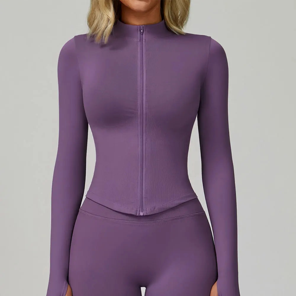 Women's Zipper Long Sleeve Yoga Jacket | Quick-Dry Seamless Crop Sports Top Gym Running Wear