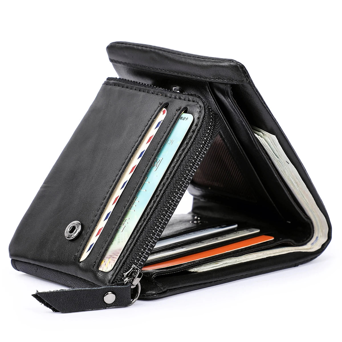 Crazy Horse Cowhide Leather Trifold Wallet with Zip Coin Pocket