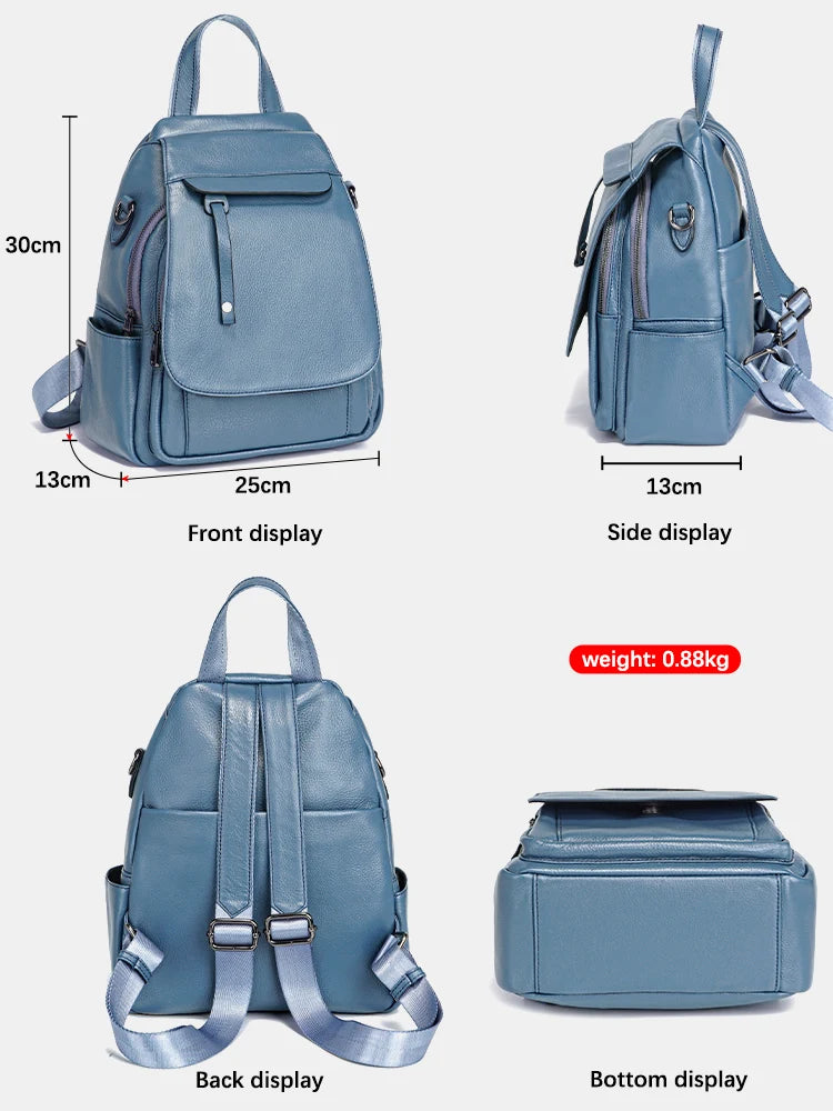 Genuine Leather Women's Fashion Backpack – High-Quality School & Travel Shoulder Bag with Multifunctional Pockets