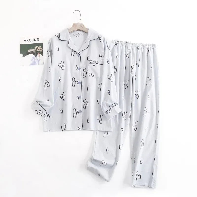 Women's Cotton Flannel Pajama Set | Plaid Long Sleeve Long Pants Loose Autumn Winter Sleepwear