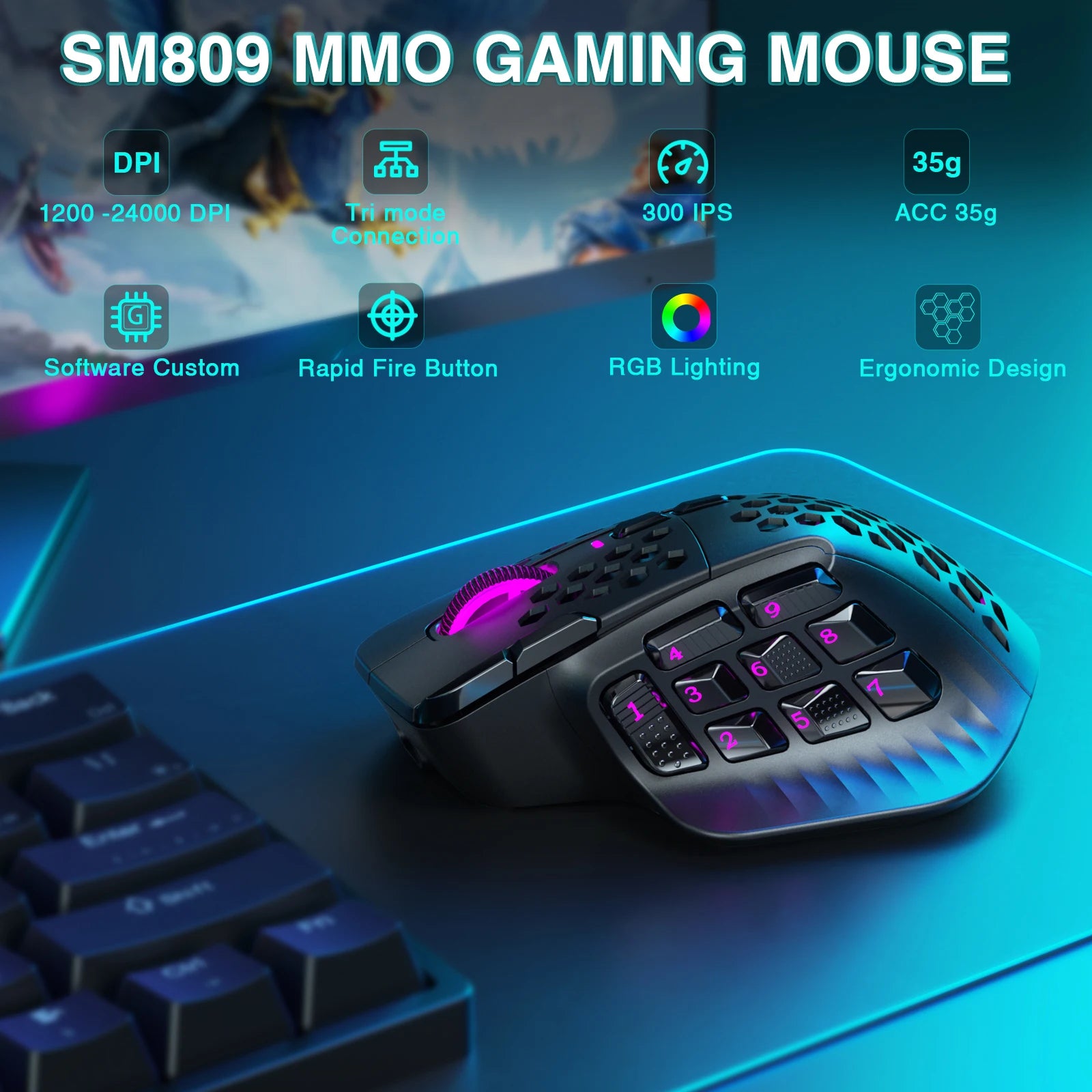 Wireless MMO Gaming Mouse 24,000 DPI, RGB Lighting & Programmable Macros by Snagg A Gaming Mouse