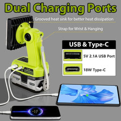15W Cordless LED Work Light | 1500LM High Intensity Spotlight & USB Power Bank Compatible With Ryobi 18V  Batteries
