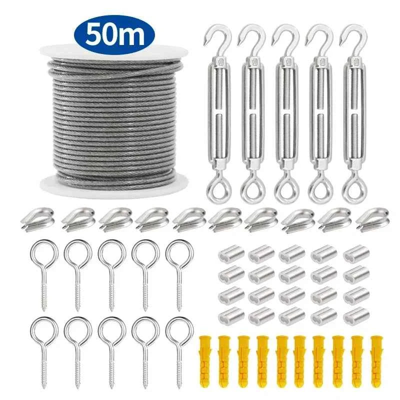 56pcs Stainless Steel Clothesline Kit 50M | 2mm PVC Coated Flexible Wire Rope Transparent Cable Set