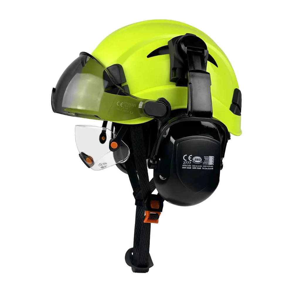Construction safety helmet with twin visors and earmuffs – image 1