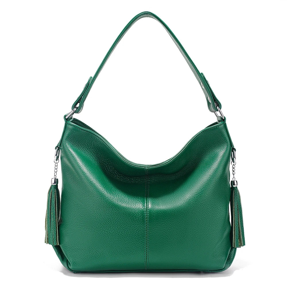 Soft Genuine Leather Tassel Hobo Bag – Elegant Women's Shoulder & Messenger Purse Satchel